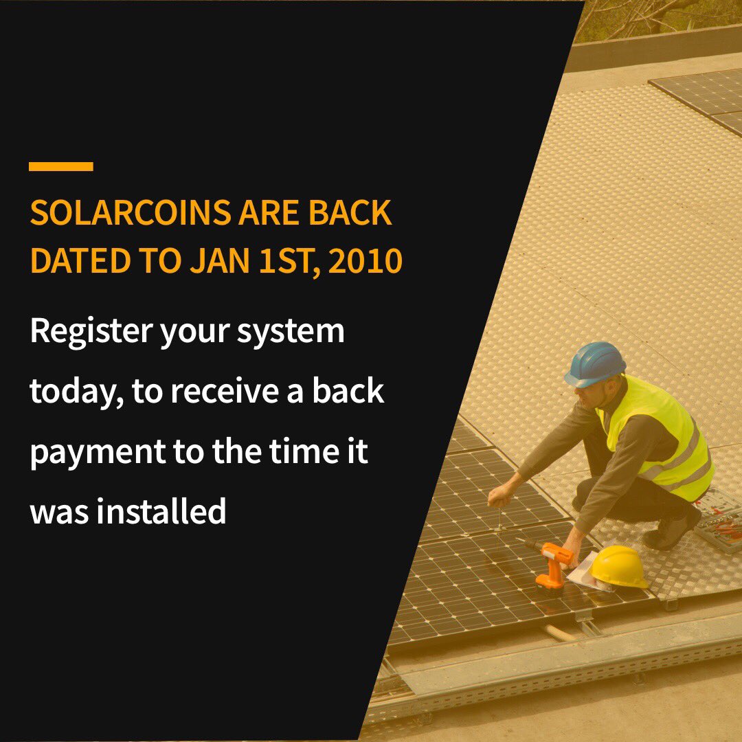 mysolarpay's tweet photo. It doesn’t matter if your #solarsystem was installed today or 8 years ago, you will receive a lump sum payment for all the solar it’s has generated since Jan 1st, 2010. This could be from $1-$100. https://t.co/Dj6YUPKFSF 

#solarcoin #cryptocurrency #mysolarpay #passiveincome https://t.co/1hiu45PtHo