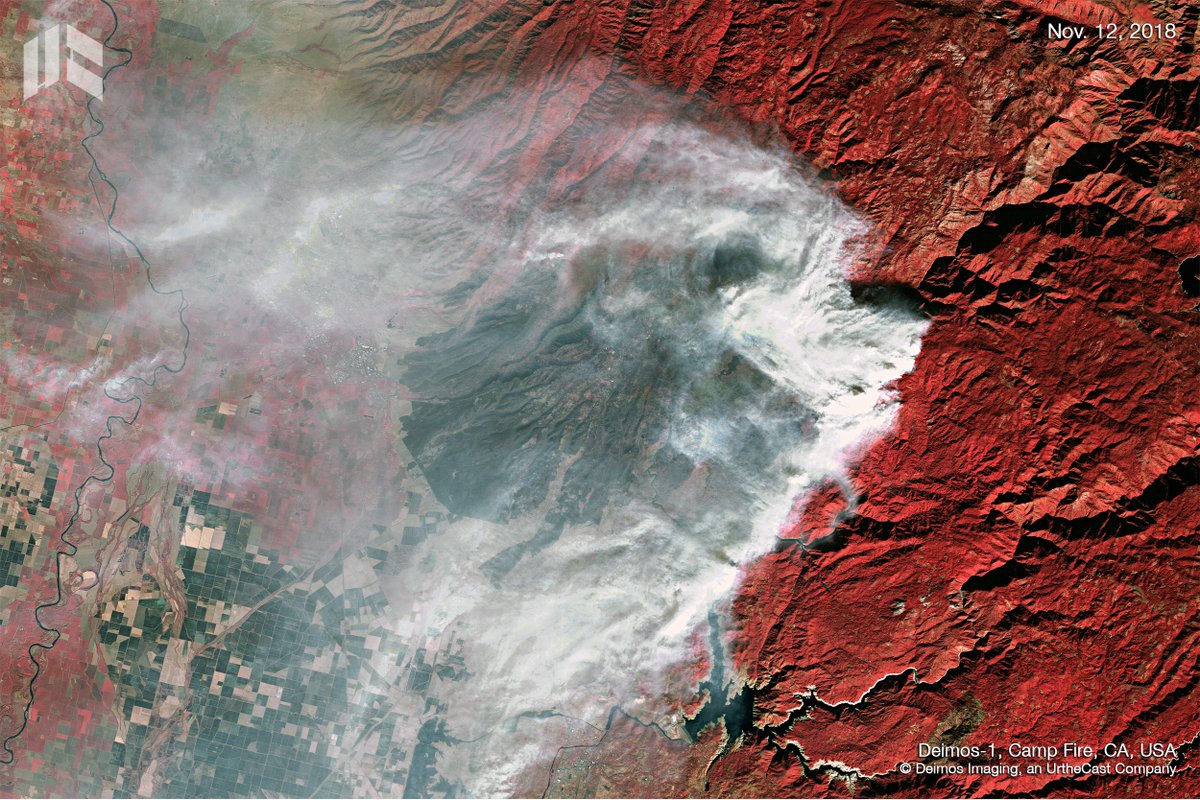 EarthDailyA's tweet photo. #DEIMOS1 images captured yesterday, Nov. 12, show #CampFire, the deadliest wildfire in California's history, and the burn scars caused by #HillFire &amp; #WoolseyFire. Our solidarity with the victims' families. #CalFires #CaliforniaWildfires #EmergencyServices https://t.co/tdaw9wvCRs