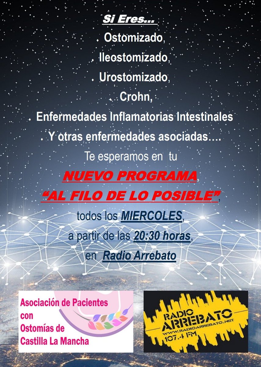 OstomizadosCLM's tweet photo. Mañana miércoles en nuestro programa AL FILO DE LO POSIBLE, en @RadioArrebatoFM https://t.co/pR5RUvJKQg, entrevistamos a la Presidenta de @avepeii, y sabremos de primera mano la realidad de nuestros compañeros Ostomizados de Venezuela, y cómo podemos ayudar. https://t.co/QkNQd5qc9w