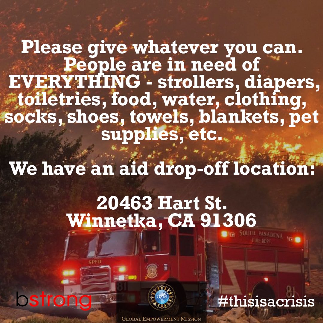 Bethenny's tweet image. #globalempowermentmission &amp;amp; #bstrong will have teams delivering aid supplies &amp;amp; cash cards in Southern CA on Friday, 11/16 &amp;amp; will be supporting the Paradise area by Monday, 11/19. Link in my bio to donate. Aid &amp;amp; supplies drop-off: 20463 Hart St., Winnetka, CA 91306 #thisisacrisis