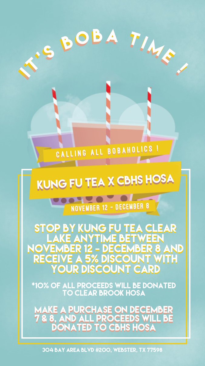 Hey HOSA !! We’re partnering with Kung Fu Tea Clear Lake for an axciting event! Discount cards were given out during our November meeting this past Monday, so if you weren’t able to attend, Mrs. Vong’s got some extra ones, so stop by and pick one up!