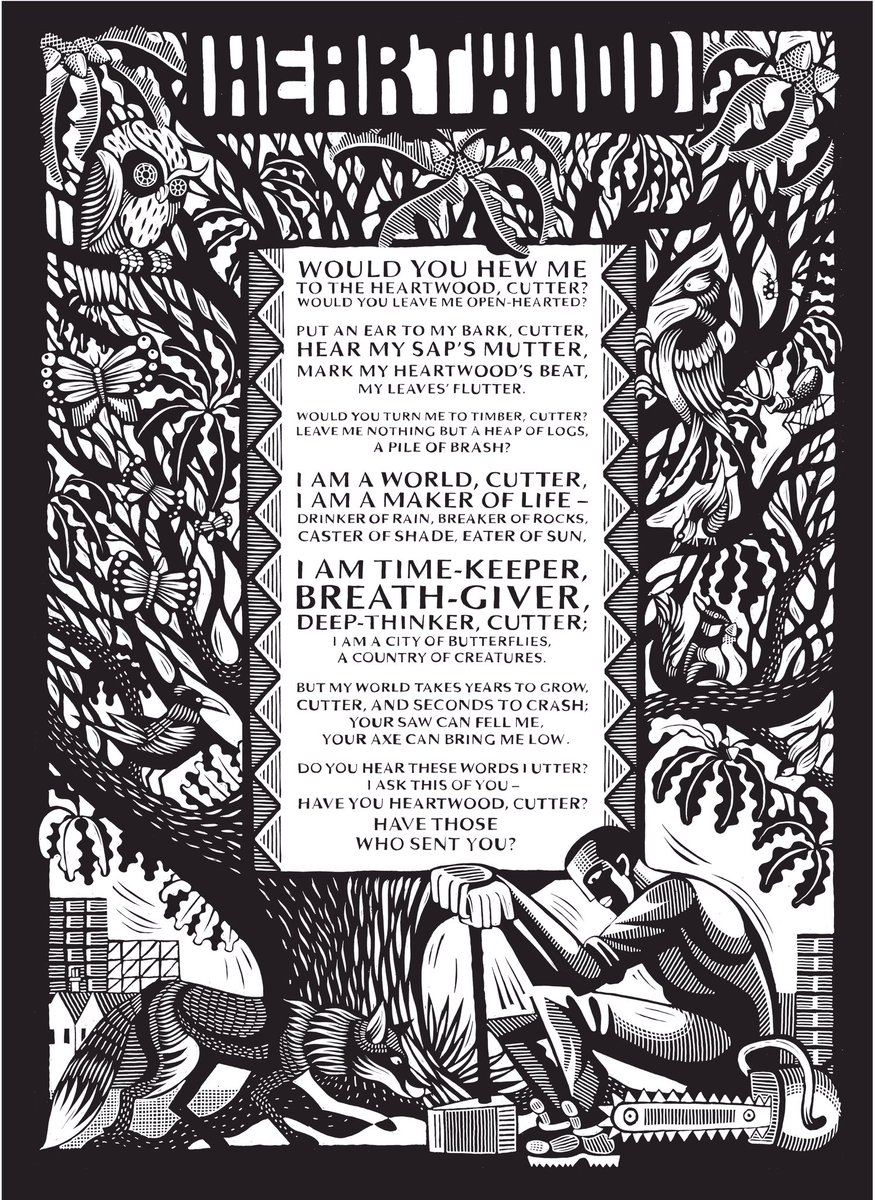 RobGMacfarlane's tweet image. I wrote a poem for the Sheffield Tree Protestors called “Heartwood”,
in defence of trees facing unjust felling anywhere in the world. The artist Nick Hayes made a broadsheet poster of it. Inexplicably, two nights ago huge versions of Heartwood began to appear around Sheffield...