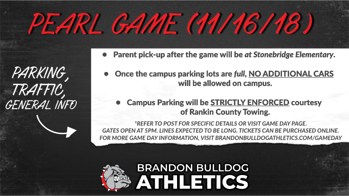 BrandonBulldogs's tweet photo. ‼️ATTENTION- This is a lot of information, but reading this will help you prepare for our 'Rankin County Superbowl-- Pt 2.' this Friday night at Bulldog Stadium!

❗Parent pickup after the game will be at Stonebridge
Elementary. Students will have to ride the shuttle bus to the https://t.co/nnf6VdV9r0