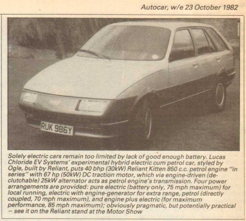 119. I've uhmmed and ahhed about the Lucas-Reliant Hybrid because, well, it is a hybrid. However, it was a serious plug-in hybrid, that could run on electric power alone and reach up to 75mph doing so. So this early 80s Brit gets an entry: