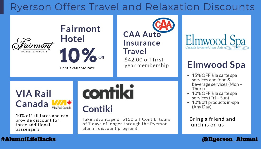 alumnitmu's tweet photo. Add some excitement to your week by scheduling in travel or relaxation. Your Ryerson alumni benefits get you access to some of the best spots and services in the city and beyond! https://t.co/UjcM5DrSRO @RyersonU #AlumniLifeHacks https://t.co/Jew1pSBAPH