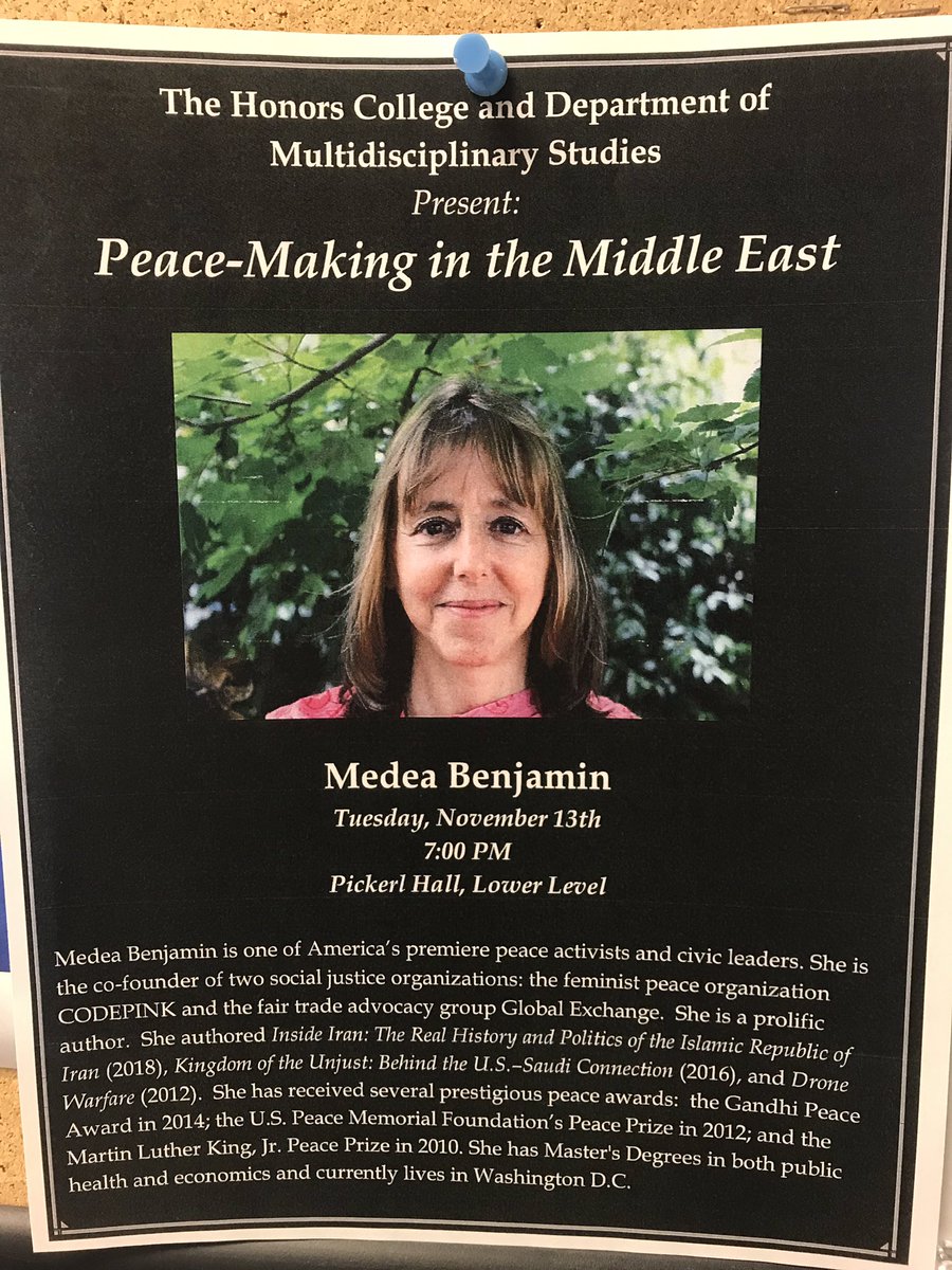 GenderState's tweet image. The Department of Multidisciplinary Studies is pleased to welcome renowned peace activist and civic leader @medeabenjamin to campus today. Join us in Pickerl Hall LL at 7pm to hear her presentation “Peace-Making in the Middle East.”