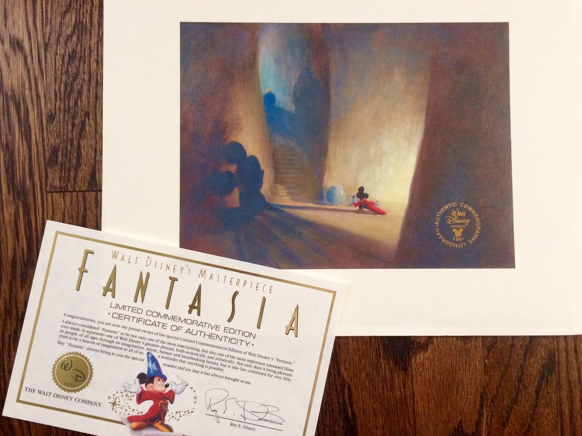Vintage 1991 lithograph of a visual development painting from Walt Disney’s FANTASIA showing Mickey Mouse as the Sorcerer’s Apprentice.