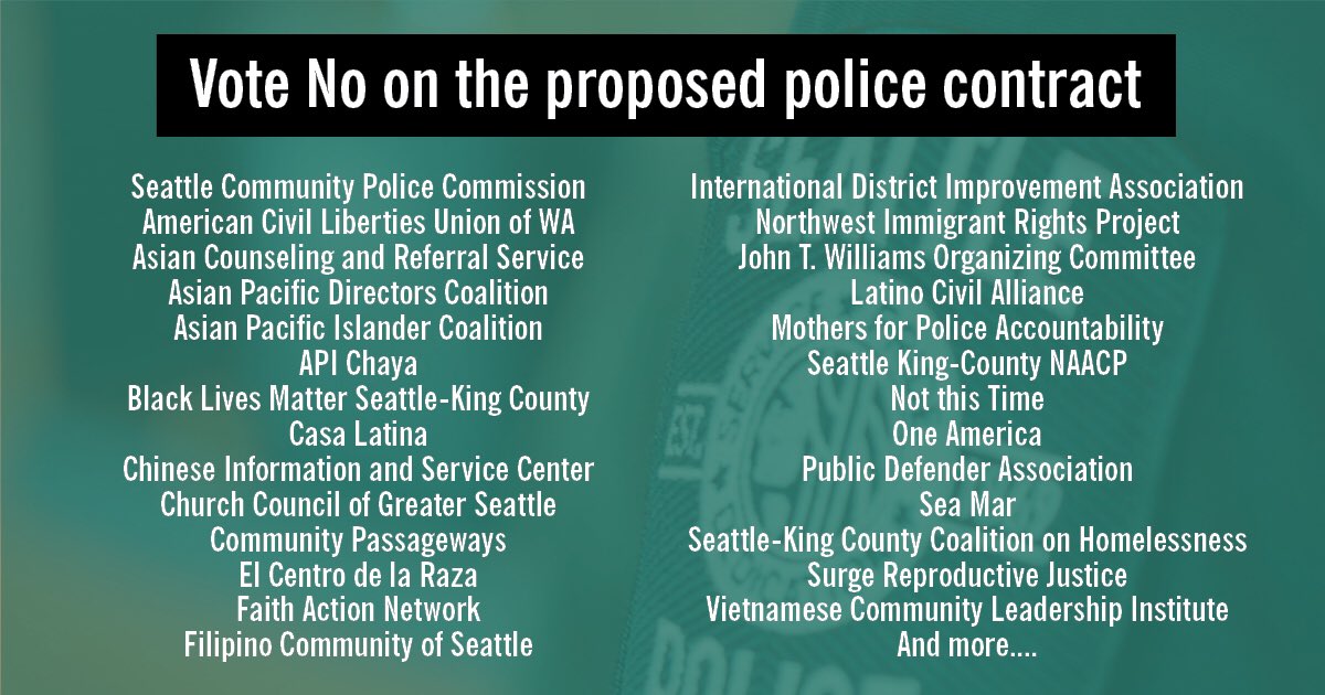SeaCPC's tweet photo. Itβs not just the CPC asking @SeattleCouncil to vote no on the proposed contract. Itβs dozens of community organizations across the city who want to #protectpoliceaccountability. https://t.co/60q906pJCn