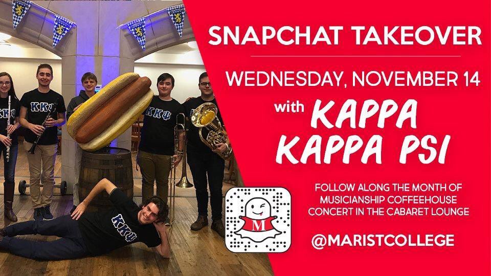 Come check out the Marist Snapchat tomorrow from 6-9 as we will be doing a Snapchat takeover for our Month of Musicianship Coffeehouse Concert!