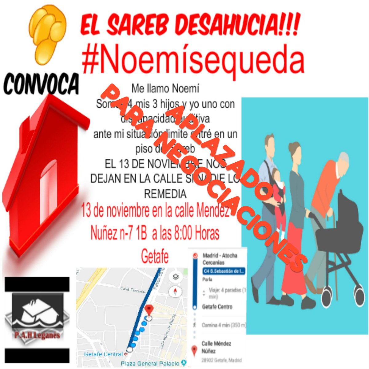 PahLeganes's tweet image. Os confirmamos que hemos conseguido parar los 2 #desahucios de hoy gracias al apoyo y la lucha colectiva:

#JesusYsuFamiliaSeQuedan frente #AlquiGestDesahucia en #Leganes

#NoemiYsus4HijosSeQuedan frente #SarebDesahucia en #Getafe

Ambos gracias a las comunicaciones con la #ONU