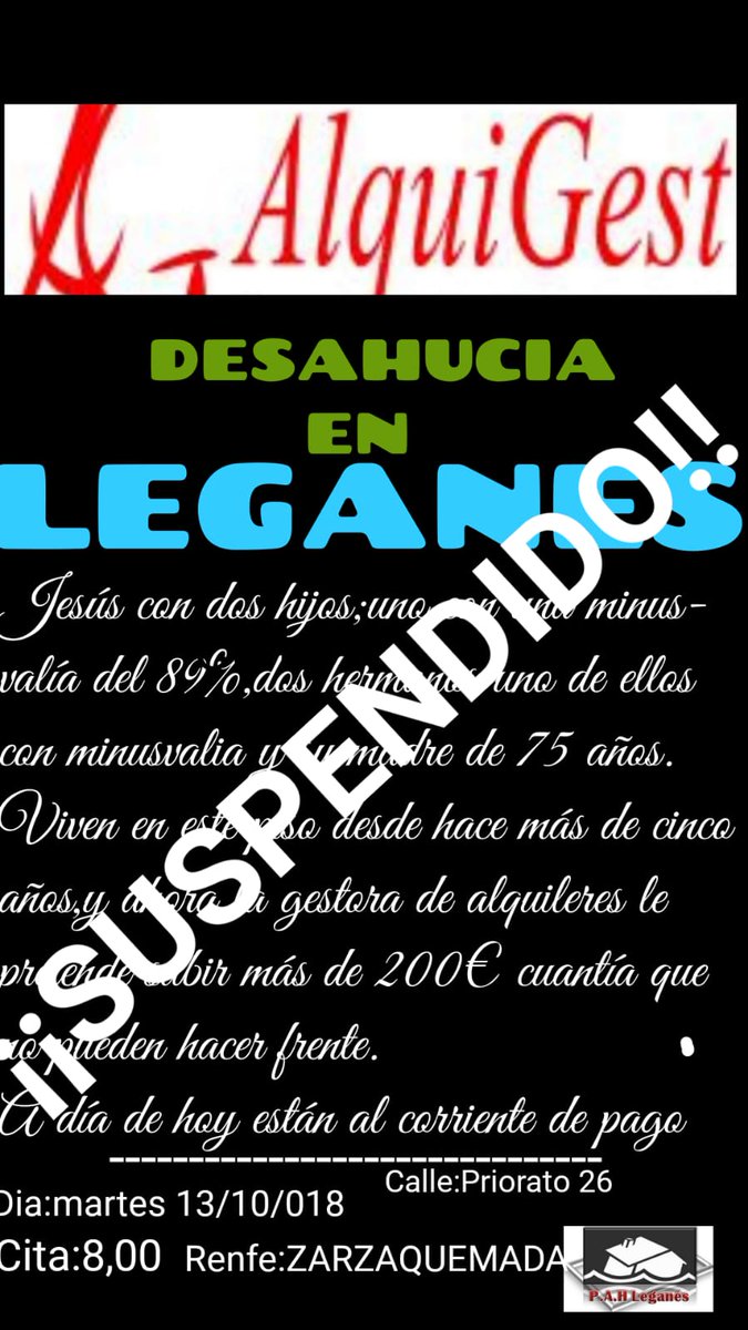 PahLeganes's tweet image. Os confirmamos que hemos conseguido parar los 2 #desahucios de hoy gracias al apoyo y la lucha colectiva:

#JesusYsuFamiliaSeQuedan frente #AlquiGestDesahucia en #Leganes

#NoemiYsus4HijosSeQuedan frente #SarebDesahucia en #Getafe

Ambos gracias a las comunicaciones con la #ONU
