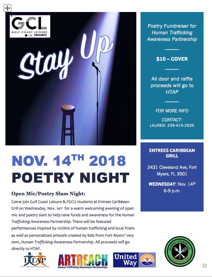 HTAP_SWFL's tweet image. Hey all! Come be a part of our open mic/poetry night event tomorrow evening at #EntreesCaribbeanGrill here in Fort Myers! There will be featured performances by locals, raffles and displayed art work by kids of our very own, HTAP! See you at 6! #stayup