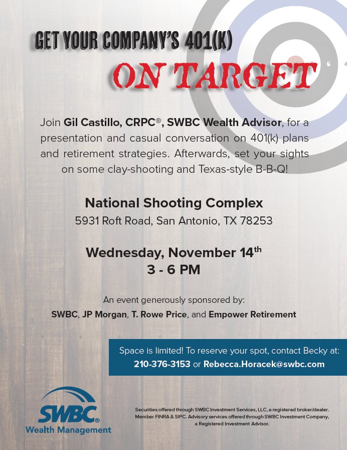 Final call for RSVPs to my event tomorrow in San Antonio. I have a few slots left, so if you want to attend, please let us know quickly. It's going to be a fun event with some valuable information. hashtag#401kevent hashtag#humanresources hashtag#401k hashtag#ceos hashtag#cfos