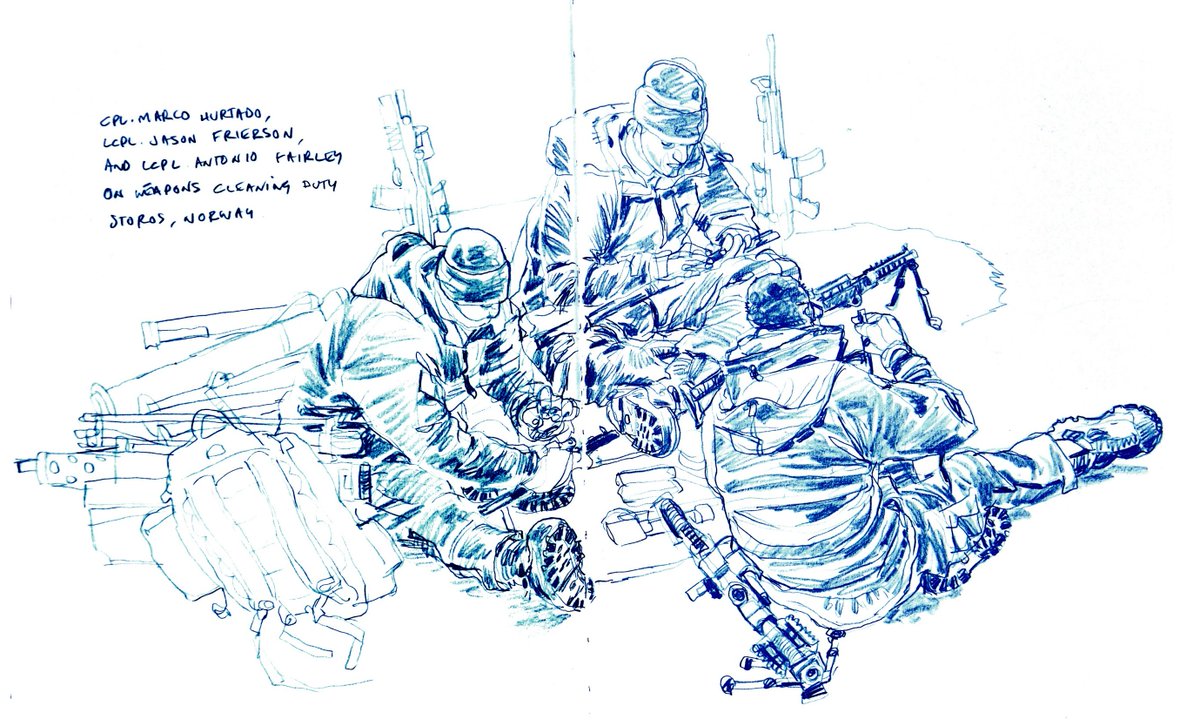 Oft asked - why don't you just take a photo? #TridentJuncture2018 Sketching @USMC Marines on weapons cleaning duty @cjbaumann_art @USMCArchives @urbansketchers @24MEU @31stMeu @MarineMuseum @26MEU @editorreportage @NATOpress @CanadaNATO @USNATO #drawing @CanWarMuseum @cdn_forces