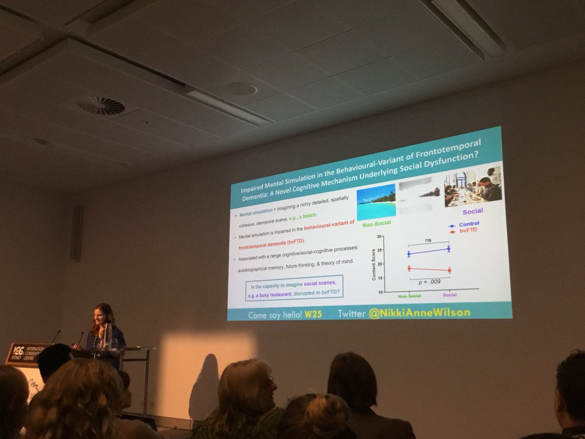 Icftd2018's tweet image. Next up, @NikkiAnneWilson presents her work showing impaired mental simulation in behavioural variant #FTD, with particular deficits in social compared to non-social simulations #datablitz. #endFTD For more info, see her at poster: W25