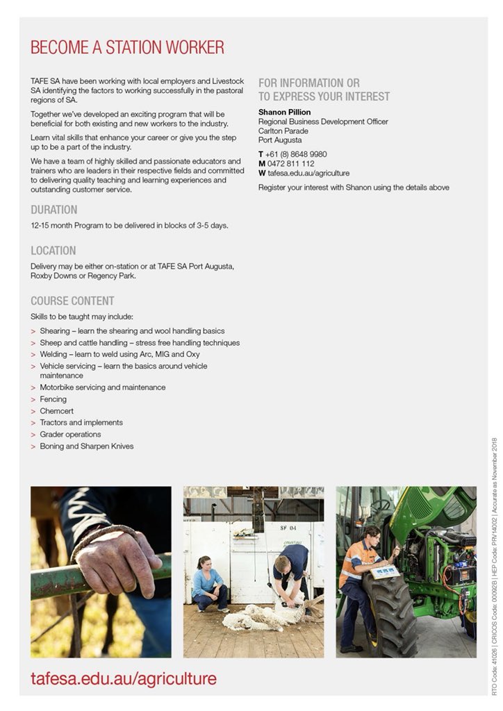 We are excited to announce that SA ICPA together with Livestock SA and TAFE SA have developed a course for the pastoral sector.
The Cert III in Rural Operations will commence in 2019. A beneficial program for the pastoral industry.
<a href="/tafesa/">TAFE SA</a> <a href="/Livestock_SA/">Livestock SA</a> @SCNewsSA <a href="/edu_sagov/">Department for Education SA</a>