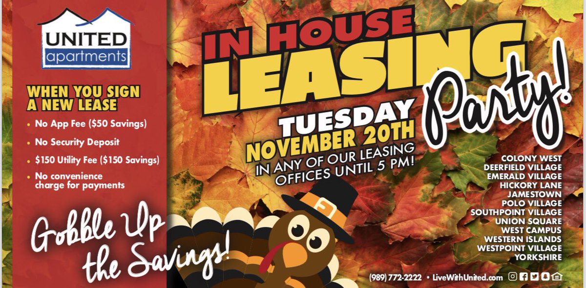 LiveWithUnited's tweet photo. SIGN AND SAVE!! Plus, all of our offices will have Turkey Day food!! 🦃🦃 #livewithunited #leasingparty #fireupchips https://t.co/ju6VOTjbAU