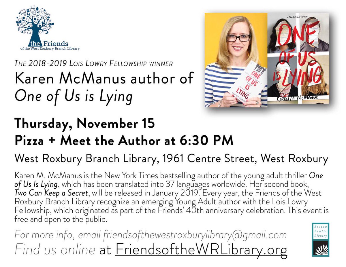 FriendsOfWRLib's tweet photo. Can your Thursday night plans beat a NY Times best-selling author AND pizza 🍕? I didn’t think so. Join us and @writerkmc, Karen McManus, author of One of Us Is Lying, at 6:30 on Thursday. #geek #jock #criminal #princess #BreakfastClub #YA https://t.co/7NfpJVUd5Y