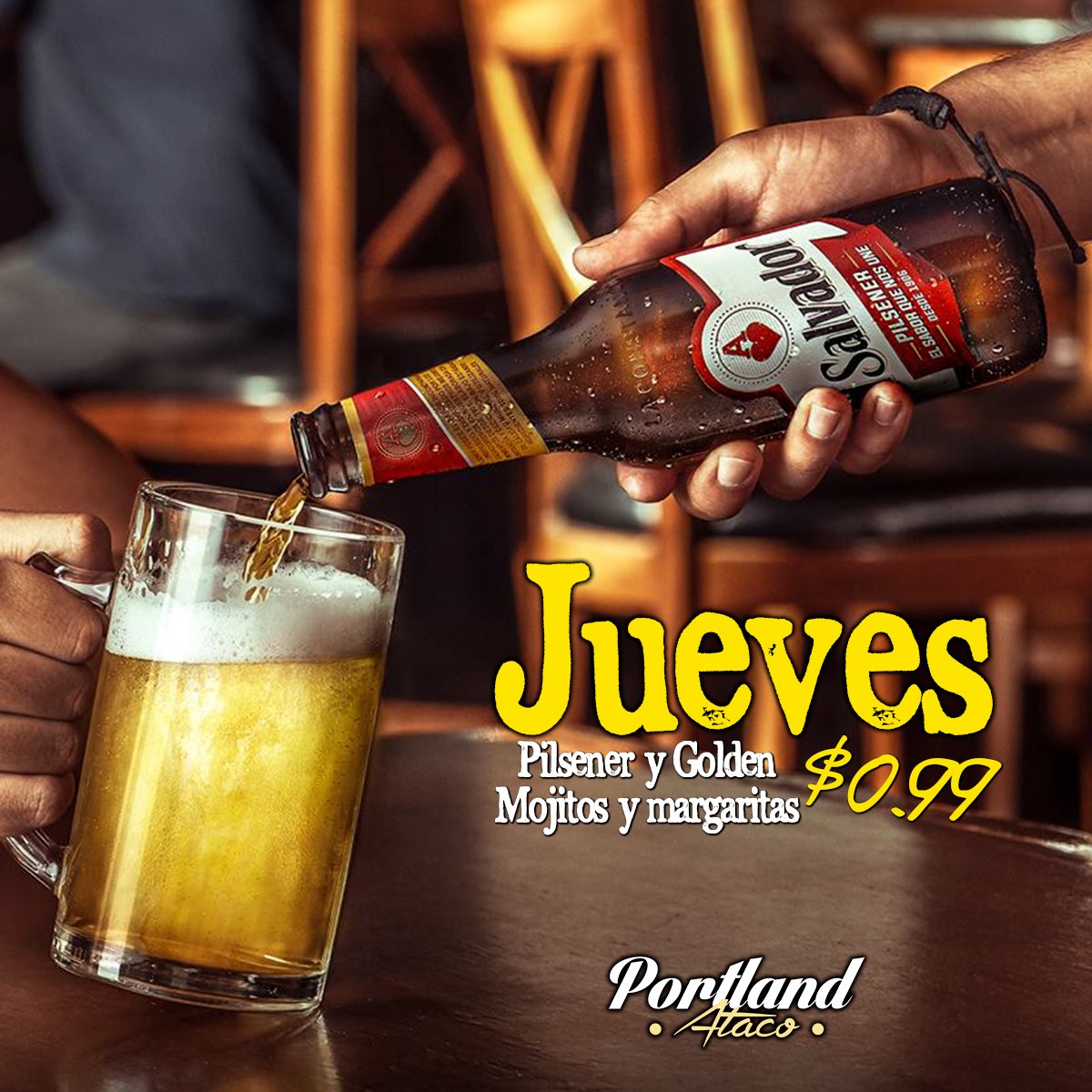 Portlandsv's tweet photo. Jueves en Portland Ataco música en vivo y promociones: cerveza y tragos desde $0.99, promos desde las 4pm, música en vivo desde las 8pm // NO COVER https://t.co/Y0QDejEkTU