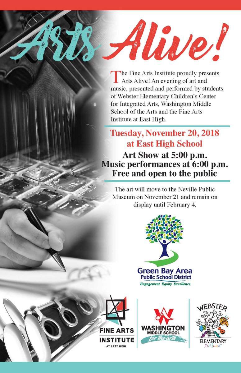 Arts Alive is next week! Check out the music and art of the talented students at East High, Washington Middle and Webster Elementary on November 20. <a href="/greenbayeasths/">Green Bay East HS</a> <a href="/GBWashingtonMS/">GB Washington Middle</a>