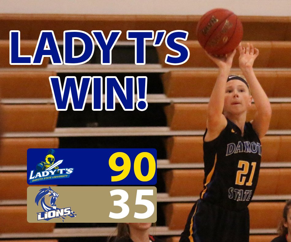 DSU_Athletics's tweet photo. THAT'S A LADY T'S WIN!  @dakotastate_wbb earned their first win of the season with a 90-35 rout at Trinity Bible (N.D.).  Lady T's play Augustana (S.D.) in an exhibition game on Thursday in Sioux Falls, S.D.  #WeAreDSU https://t.co/iwPPWy3jOo