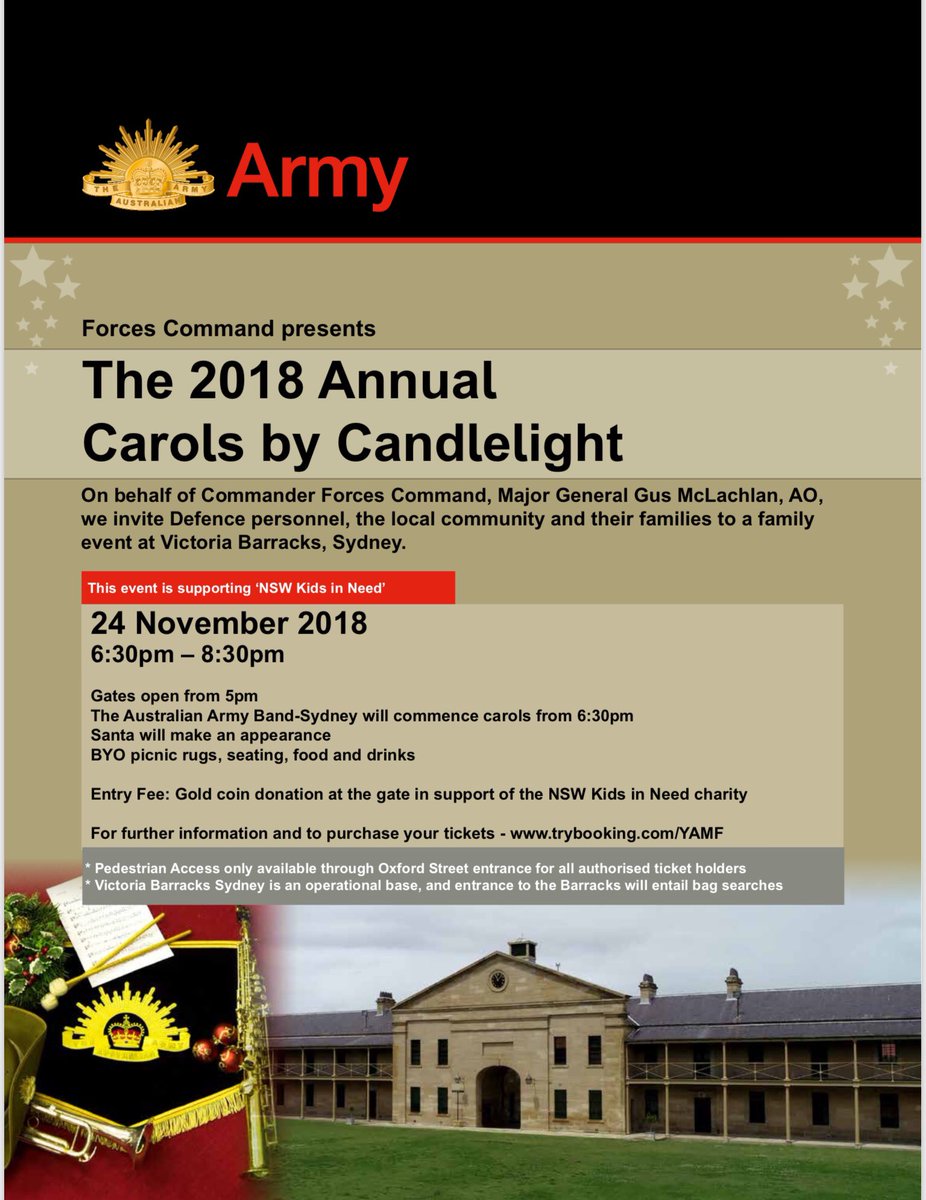 FORCOMDAusArmy's tweet image. #ForcesCommand will welcome staff, their families &amp;amp; friends, along with local residents in the area to a #ChristmasCarols event at Victoria Barracks, Sydney on 24 November 18. Interested? Head to trybooking.com/YAMF and secure your free tickets now! #OurCommunity @comdforcomd