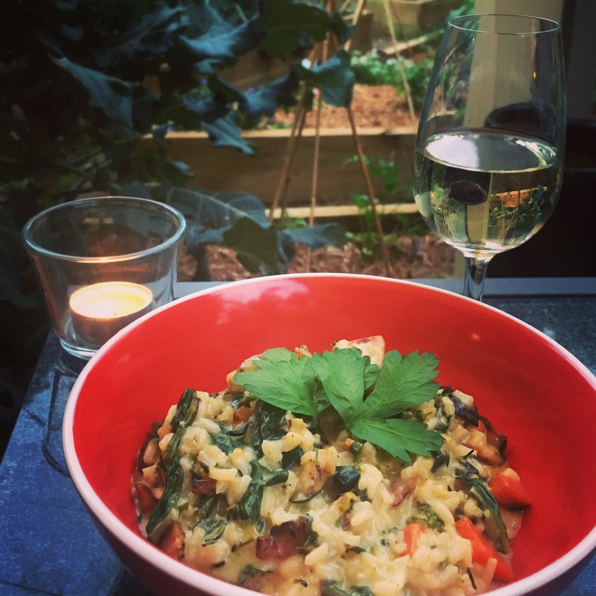 Last night’s dinner: three #cheese #risotto with #bacon #silverbeet #broccolisprouts #zucchini #carrot #garlic and #homeMade #stock 
Seriously #delicious with a #pinotGrigio 
#gardenToTable #foodPorn #vegieGarden #edibleGarden #greenThumb #Parsley #alFresco #feelingProud