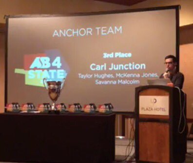 CarlJunctionTV's tweet photo. Congratulations to Taylor Hughes, Savanna Malcolm, and McKenna Jones on taking 3rd π₯π place in Anchor Spots at the #asb4state #CJTV https://t.co/WK6KbeLT5U