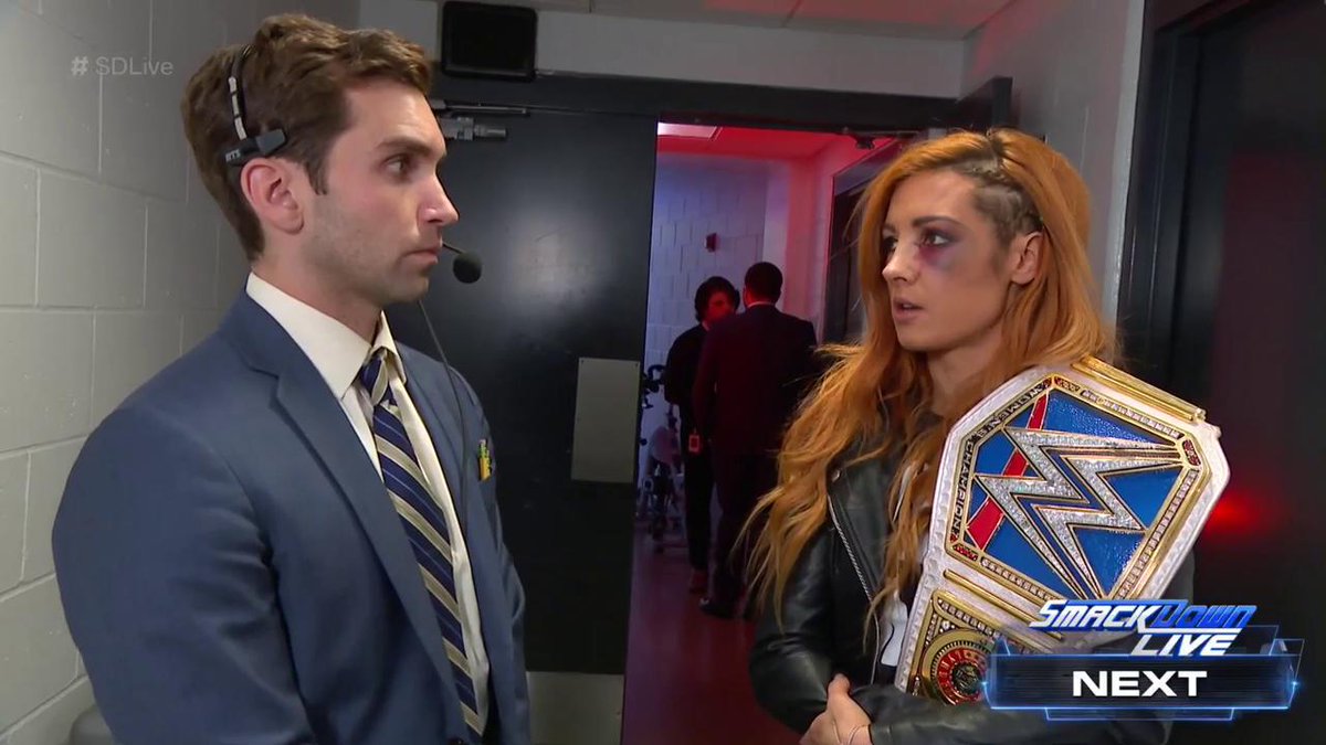 A broken face, but a fighting spirit. #SDLive #WomensChampion <a href="/BeckyLynchWWE/">Rebecca Quin</a> will address the <a href="/WWEUniverse/">WWE Universe</a> NEXT!