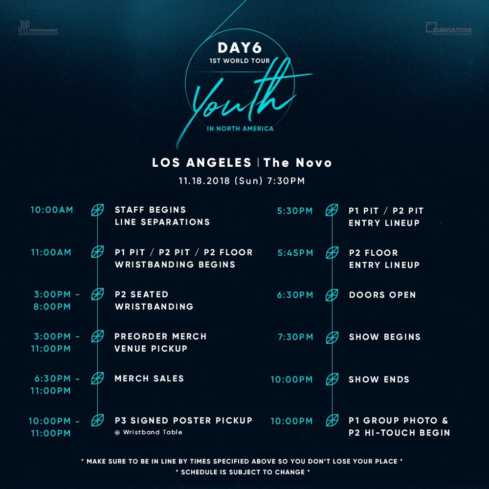 SubKultureEnt's tweet photo. LA My Days! #DAY6YOUTHinLA is just around the corner ☺️ Review the show day schedule and prepare to rock out with DAY6 🤘🏼 #DAY6YOUTHinNA https://t.co/x9iiuQU42G