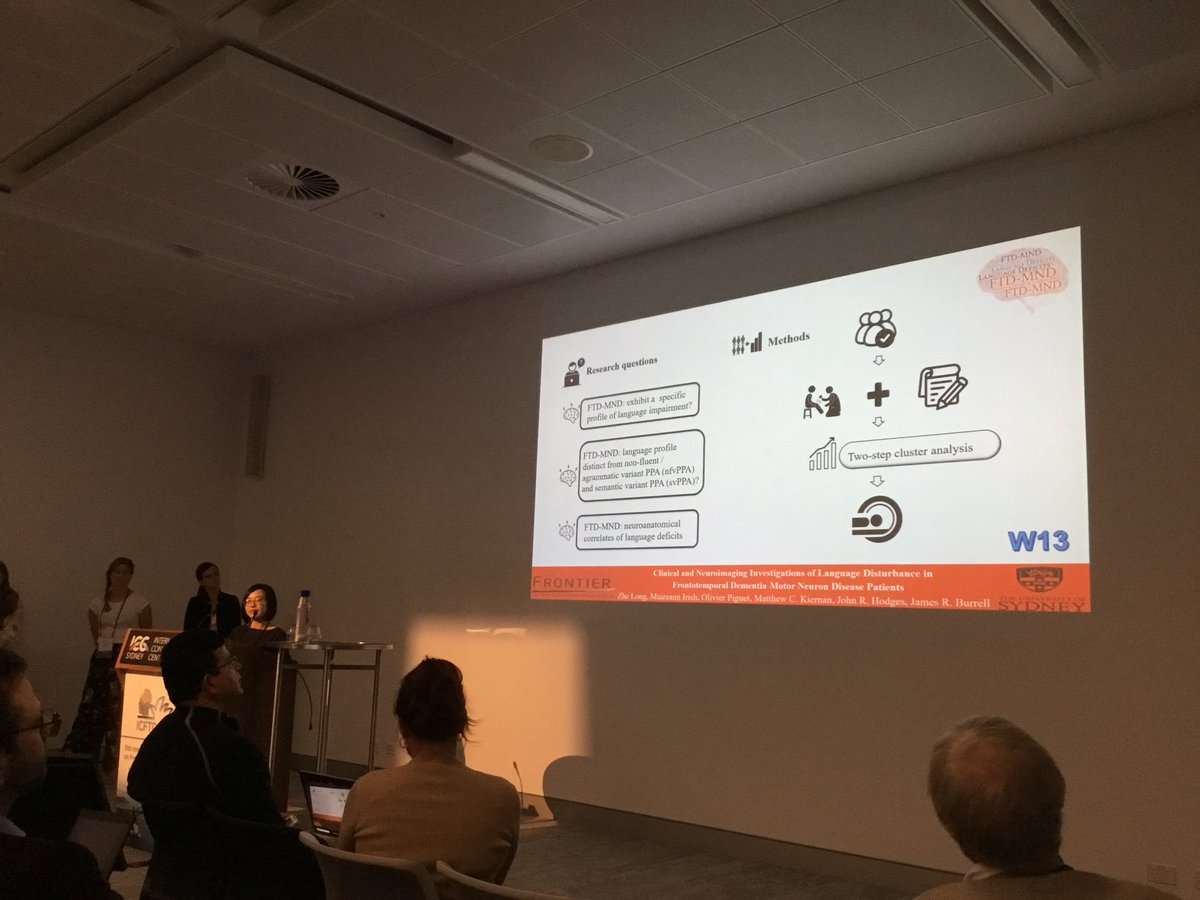 Icftd2018's tweet image. Interesting #datablitz by @Jill__Long from @Frontier_Usyd, showing 88.5% of FTD-MND have language impairments, identifying 3 language subtypes: 1. Mild mixed impairments, 2. Impaired syntactic comprehension, 3. Semantic deficits #endFTD. Find out more at Poster: W13