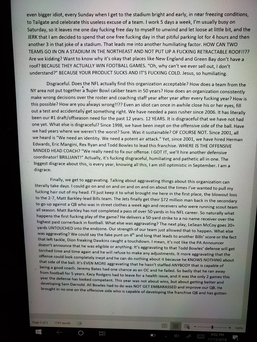 amarinoni10's tweet photo. @KFCBarstool As a Jets season ticket holder, I was asked to provide feedback or my "Gameday Experience" after Sunday's massacre to Buffalo.. this was my letter https://t.co/psmCce8r7n
