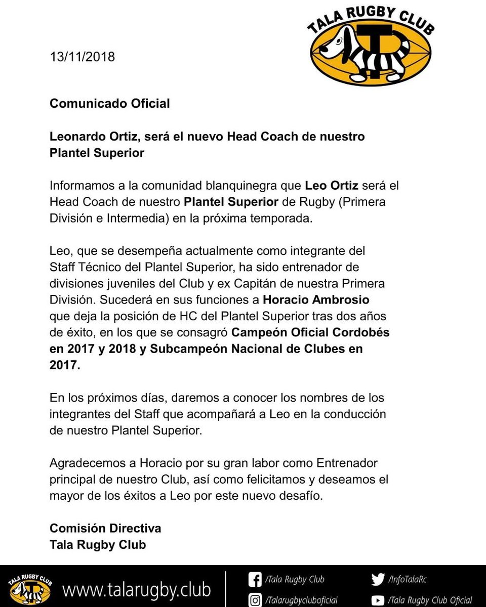 TalaRugbyClub's tweet image. Comunicado Oficial: Leo Ortiz, nuevo Head Coach del Plantel Superior