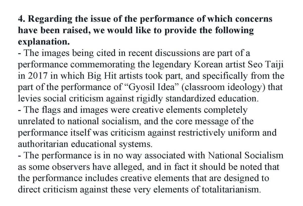 <a href="/simonwiesenthal/">Simon Wiesenthal Center</a> "the band performing in costumes resembling SS uniforms and flying N*zi-like flags—offensive to both Jewish victims of the Holocaust" After all this time, you haven't even tried to research what offended you which is NOTHING LIKE THE SYMBOL AT ALL? Stop defaming BTS &amp; Seo Taiji.
