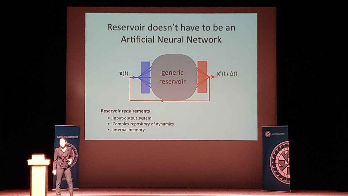 sfiscience's tweet image. #reservoircomputing uses #feedback loops for a kind of "memory," but we don't try to train the internal weights - just the output weights. OR the reservoir doesn't even have to be an artificial #neuralnetwork; it can be a sloshy bucket of water with a camera on it. (Slide 3)