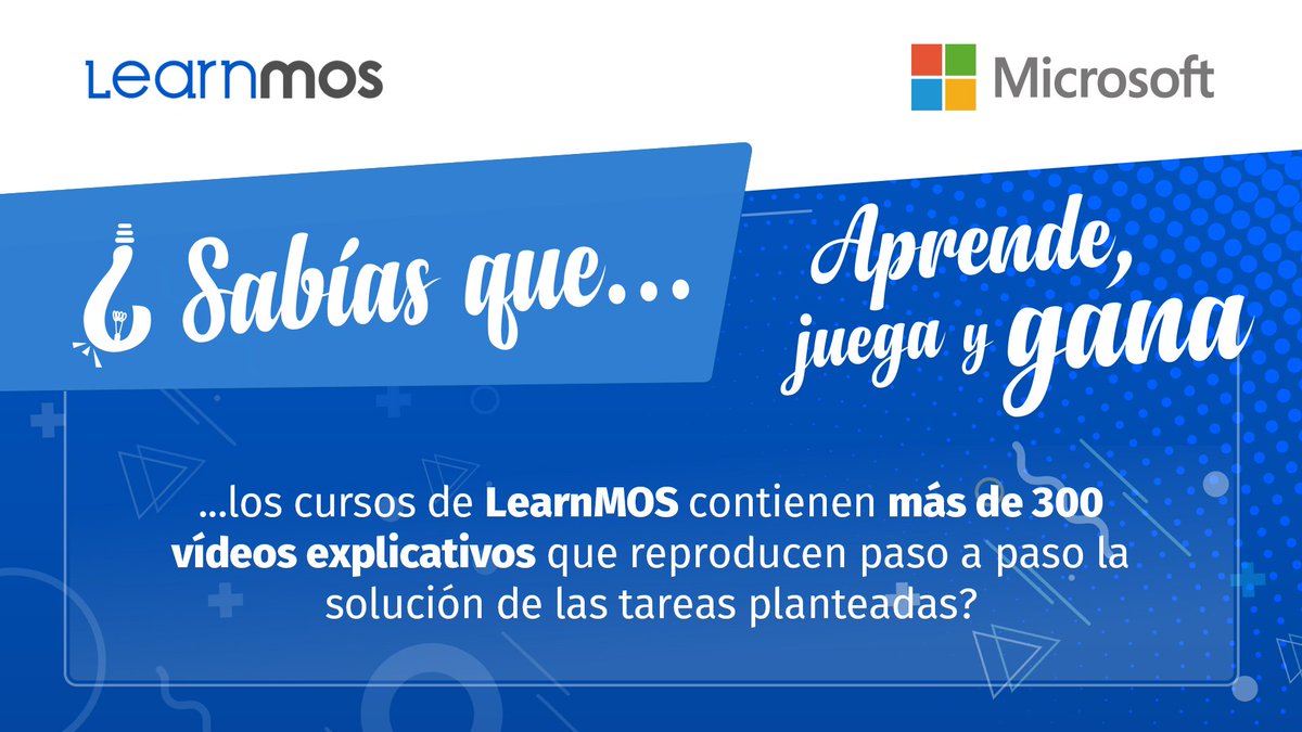 LearnMOS's tweet photo. ¡Aprende, juega y #GANA!
¿Sabías qué…los cursos de #LearnMOS contienen más de 300 vídeos explicativos que reproducen paso a paso la solución de las tareas planteadas? #SIMOEDU18 @MicrosoftEduEsp @SIMOEDU_ @Microsoft https://t.co/Mt0feiLQNL