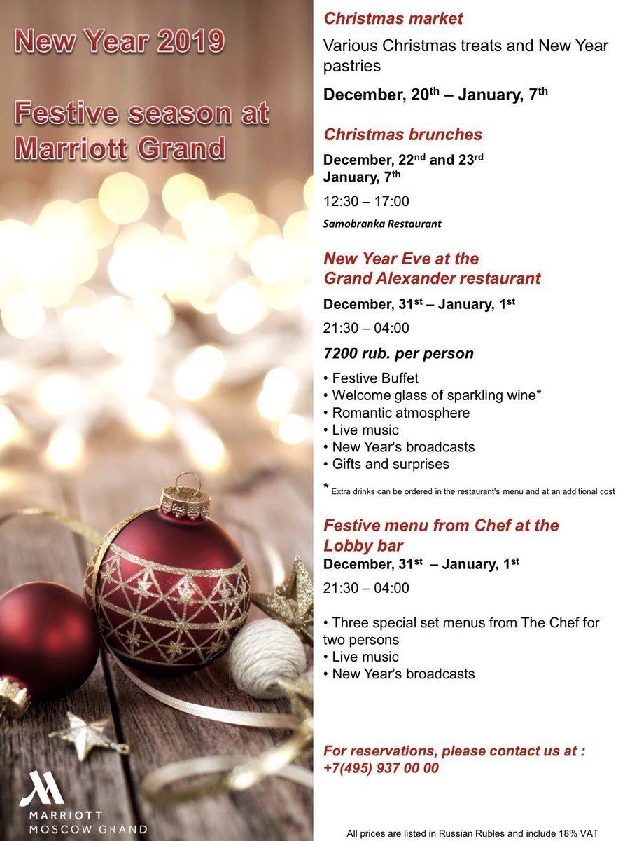 marriottmowgr's tweet photo. Have you already thought where you will celebrate New Year? Festive dinner at Grand Alexander Restaurant with awesome entertainment program is the perfect choice to celebrate the New Year 2019!✨🥂🤶🏻 

Price - 7200 rubles per person.

All information and bookings +7(495)9370000 https://t.co/9B2v9iCloy