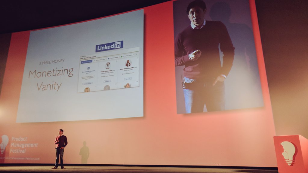 How does a product 'monetize vanity'? It's questions like these that I've rarely thought about, that I was hoping to hear at a conference outside of my main discipline 🤔 "Literally people around the world pay LinkedIn to see who has viewed their profile." #pmf18