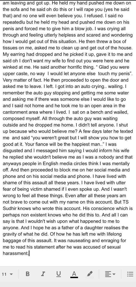 TheRestlessQuil's tweet photo. Triggers work in the strangest way -- sometimes they let us end years of excruciating silence. 

This woman's account of sexual assault at the hands of T S Sudhir who used to work at India Today. https://t.co/DMC0wGsALm