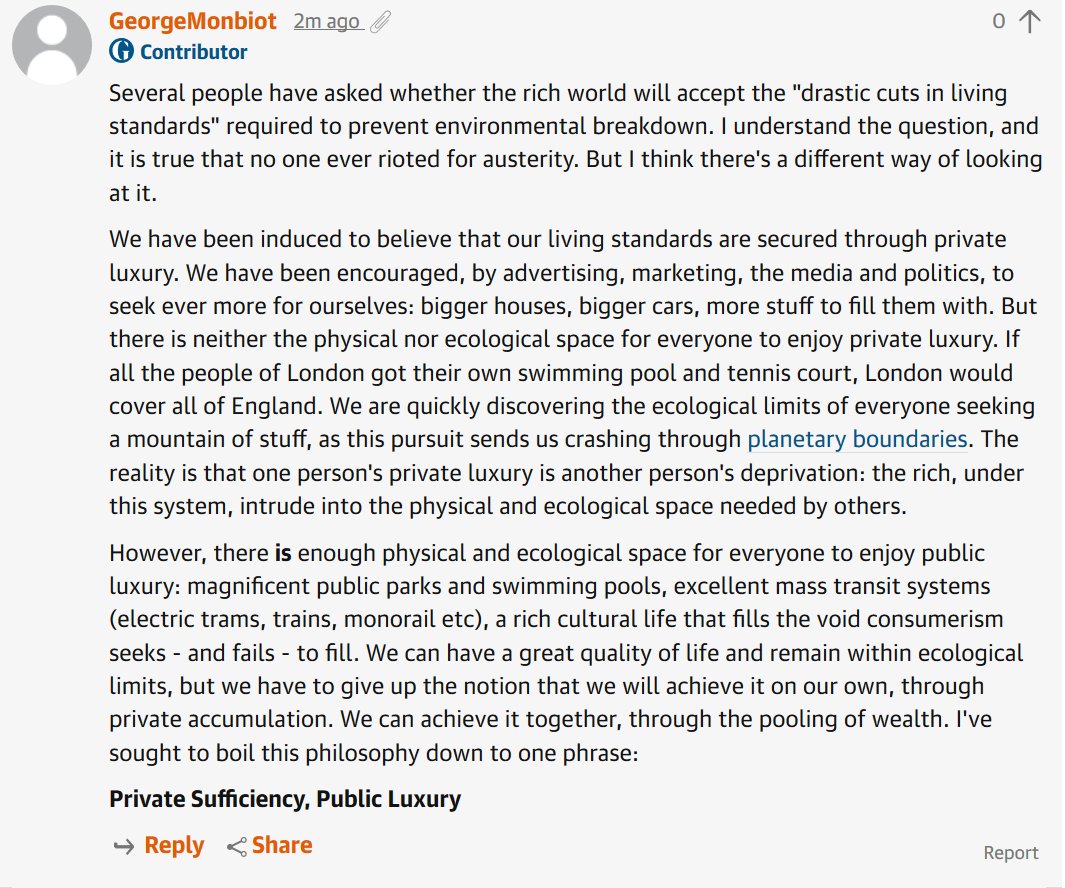 Here's my response to those who say that preventing environmental breakdown means a drastic cut in our quality of life. #PrivateSufficiencyPublicLuxury