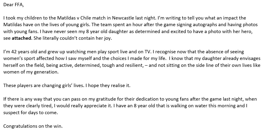 TheMatildas's tweet image. We absolutely love receiving messages like these. 

@TheMatildas continue to be an inspiration, to young and old.

#GoMatildas 💚💛