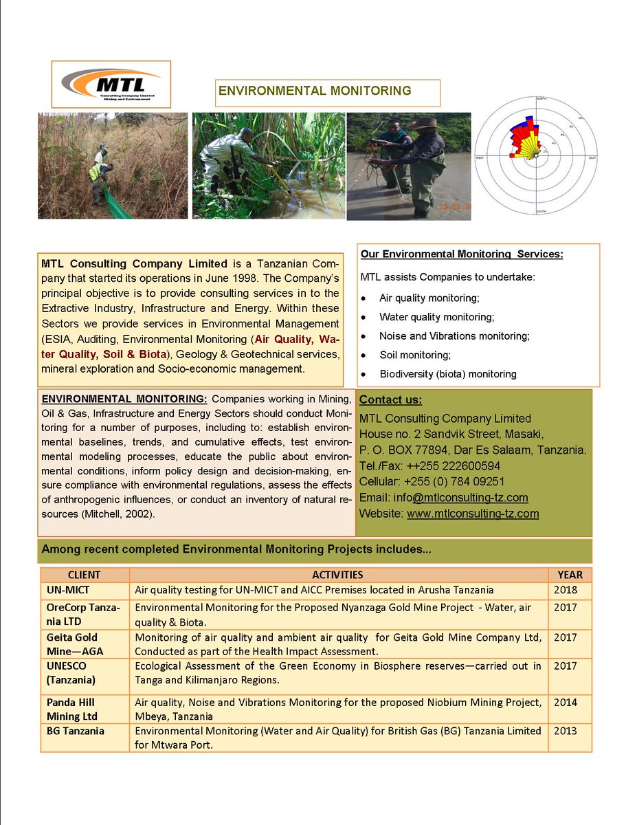 MTL offers service in Environmental Monitoring 
#mtlconsultingtz
#airqualitytesting 
#airqualitymonitoring
#ecologicalassessment
#waterqualitymonitoring