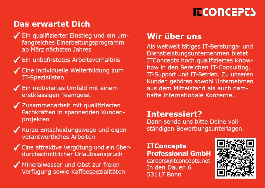 ITConceptsJobs's tweet image. Nutze deine Gelegenheit und komm zum #Unternehmenstag  in Sankt Augustin am 14. November. Zwischen 10 und 16 Uhr kannst du uns  zum direkten Austausch treffen. Hier informieren wir dich gerne über  unser Unternehmen, das Traineeprogramm und beantworten deine Fragen.  
#ITConcepts