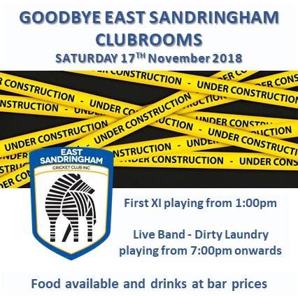 EastSandy_'s tweet photo. Get down this Saturday (17th of November) to watch the 1XI from 1pm against Brighton Union. Then say goodbye to the clubrooms from 7pm. Live Music. Food available and drinks at Bar Prices https://t.co/xyH2Rc3FvN
