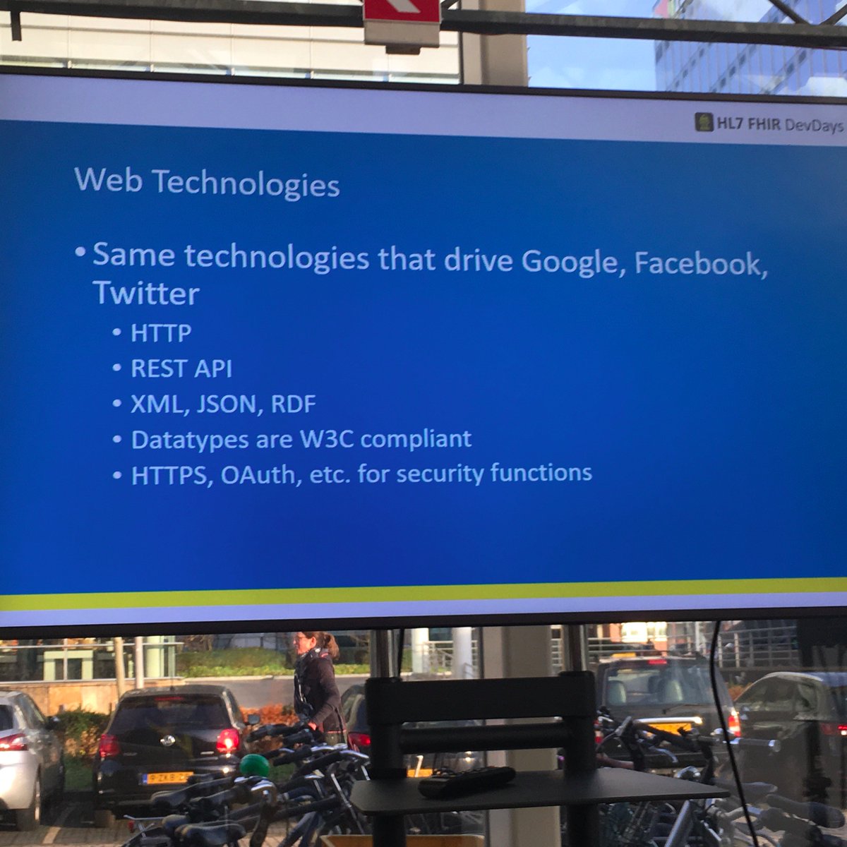 ePatientDave's tweet photo. Intentionally built on existing Web technologies, to avoid reinventing the wheel (get the job done) and to scale as easily as the web does. #devdays18 https://t.co/VmPtvo65Nl