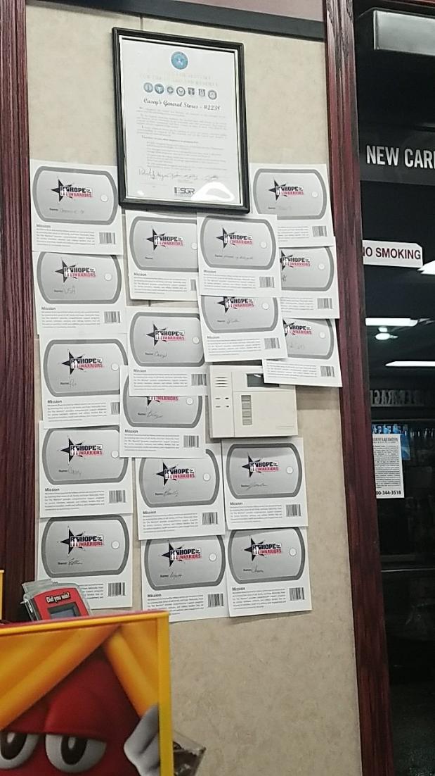 Hope4Warriors's tweet photo. The walls of #CaseysGeneralStores are filling up with $1 dog tags that restore HOPE in the lives of veterans and military families! Stop by one of their over 1,9000 locations to #honoravet! https://t.co/cBQ9gfiAB1