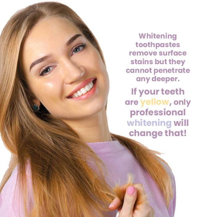 Yellow teeth won't benefit from over-the-counter treatments, which do not contain enough active ingredients to work. Your dentist can prescribe higher-strength prescription whitening with predictable and safe results.