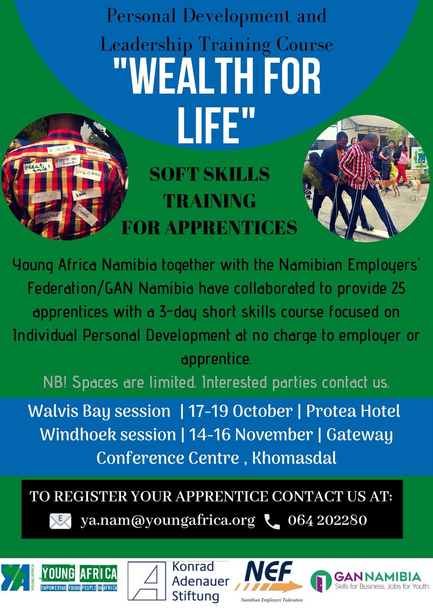 TODAY our <a href="/GANNamibia/">GAN Namibia</a> #apprentices &amp; #interns along with other young #Namibians have embarked on a 3-day journey with the #WealthforLife training course offered by <a href="/YA_Namibia/">Young Africa Namibia</a> <a href="/YAdirectors/">Dorien Beurskens | Young Africa</a> and sponsored by the <a href="/KASonline/">Adenauer-Stiftung</a> in Windhoek, Namibia 👏