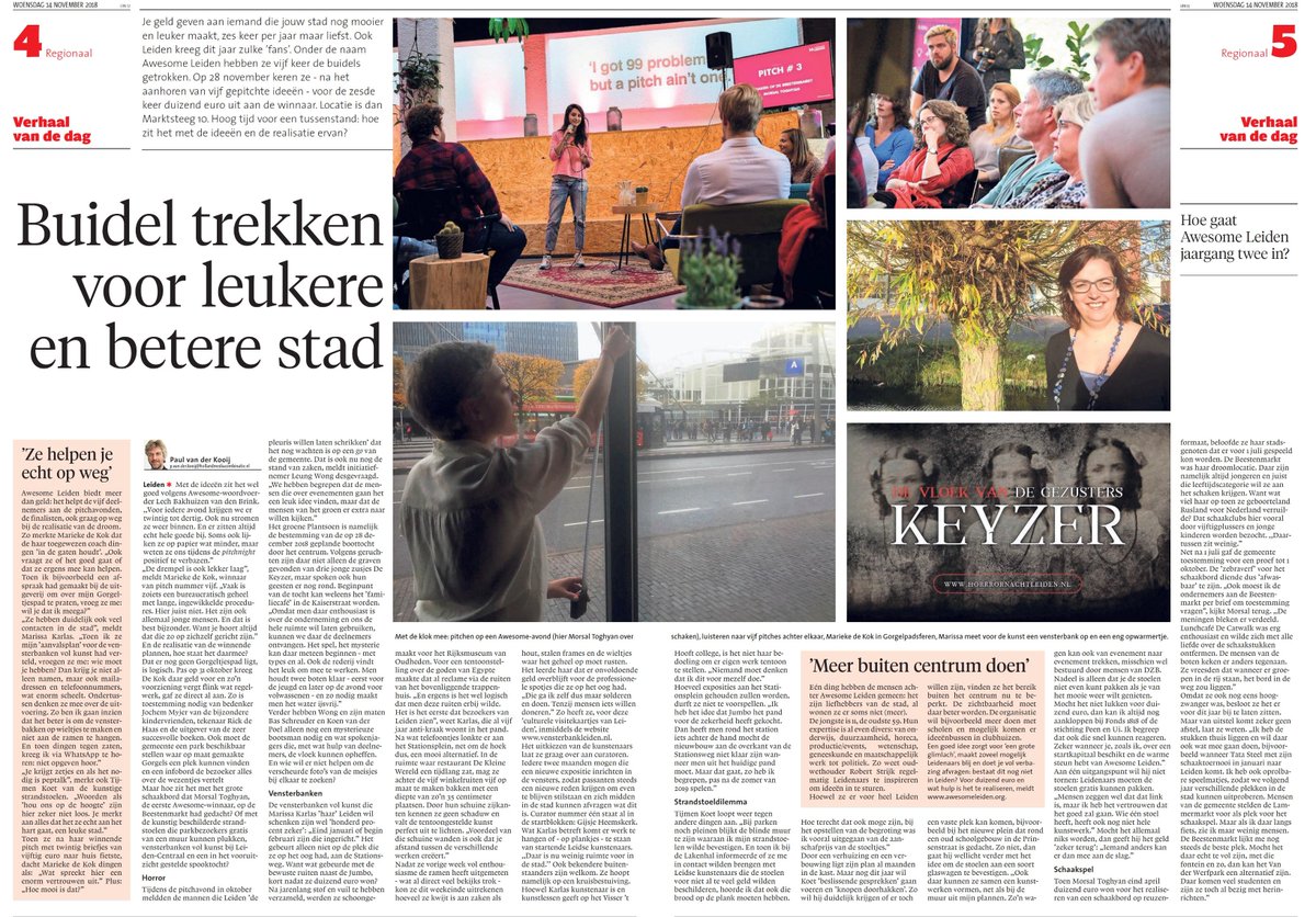 Mooi artikel van het <a href="/leidschdagblad/">Leidsch Dagblad</a> over de vijf winnaars van #AwesomeLeiden. Wil jij de zesde editie winnen!? Stuur dan jouw #awesome idee in via bit.ly/AwesomeLeiden Iedereen uit #Leiden mag meedoen! #creatief #inclusief