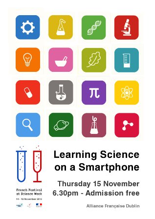 How can you use #smartphones to learn #sciences? 
#Free talk tomorrow Thursday 15th Nov. by Dr Eastes at <a href="/afdublin/">Alliance Française Dublin</a> at 6.30 pm 
#edtech #ireland #FrenchScienceWeek #BelieveInScience #StopAndAsk 
Event part of <a href="/ScienceWeek/">Science Week Ireland</a> @scienceirel 
<a href="/FranceinIreland/">France in Ireland 🇫🇷 🇪🇺</a> @BF_Ireland <a href="/tech_Dublin/">French Tech Dublin 🇮🇪</a>